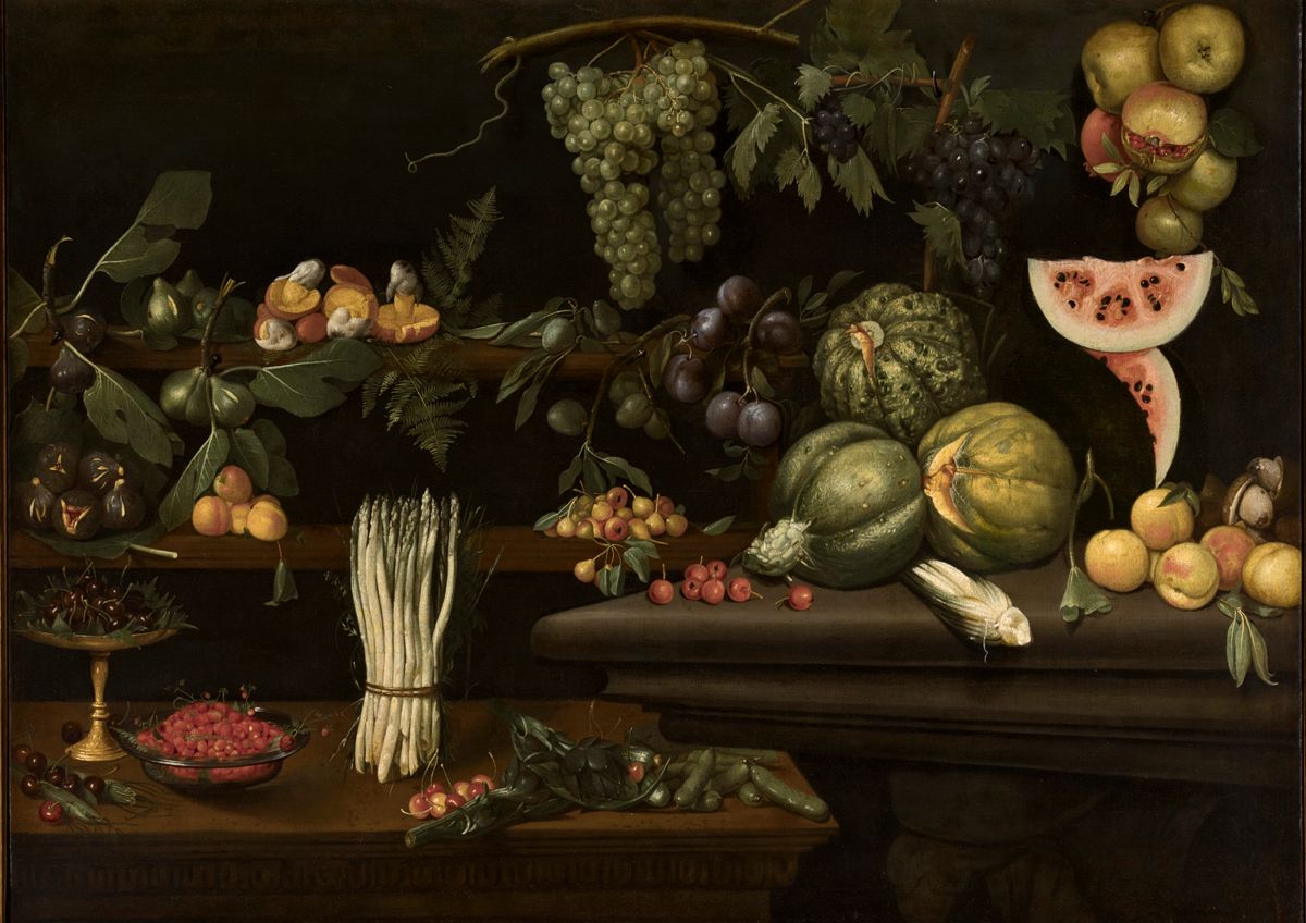 Natura morta con frutta, verdura e funghi